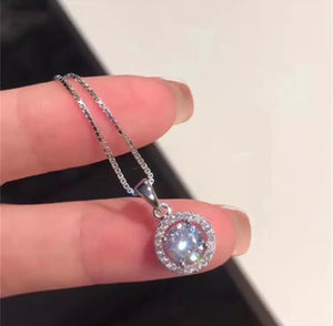 Solid S925 Sterling Silver Round CZ 2.0Ct Diamond Round Halo Stud Earrings Box Chain+ Matching Pendant Necklace Bridal Jewelry Set