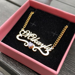 18K Gold Birthstone Heart Wave Name Necklace