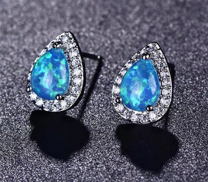 18K GP Blue Opal Pear Shaped Cz Diamond Stud Earrings