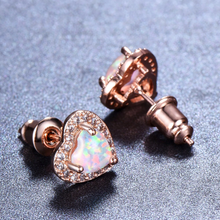 Load image into Gallery viewer, 18K Rose GP Fire Opal FAZ Diamond Heart Stud Earrings
